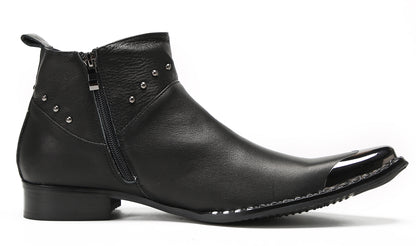 Mens Genuine Leather Matel Sqaure Toe Zipper Beads Ankle Western Boots