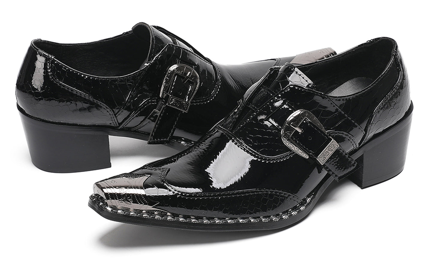 Mens Black Glossy Leather Buckle Detail Dress Western Loafers