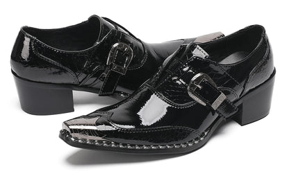 Mens Black Glossy Leather Buckle Detail Dress Western Loafers