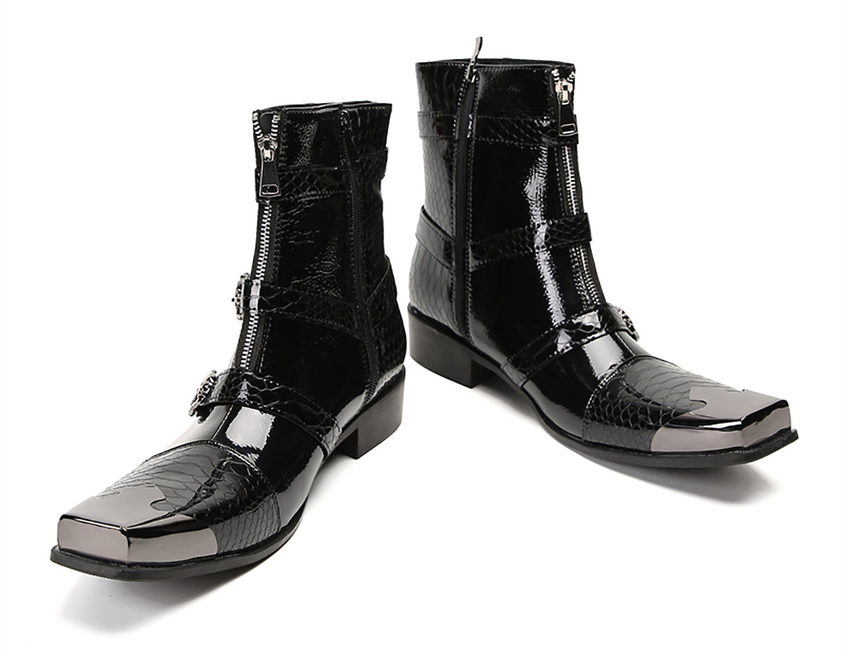 Mens Genuine Leather Dress Casual Metal Square Toe Buckles Cowboy Western Boots