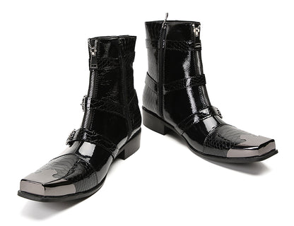 Mens Genuine Leather Dress Casual Metal Square Toe Buckles Cowboy Western Boots