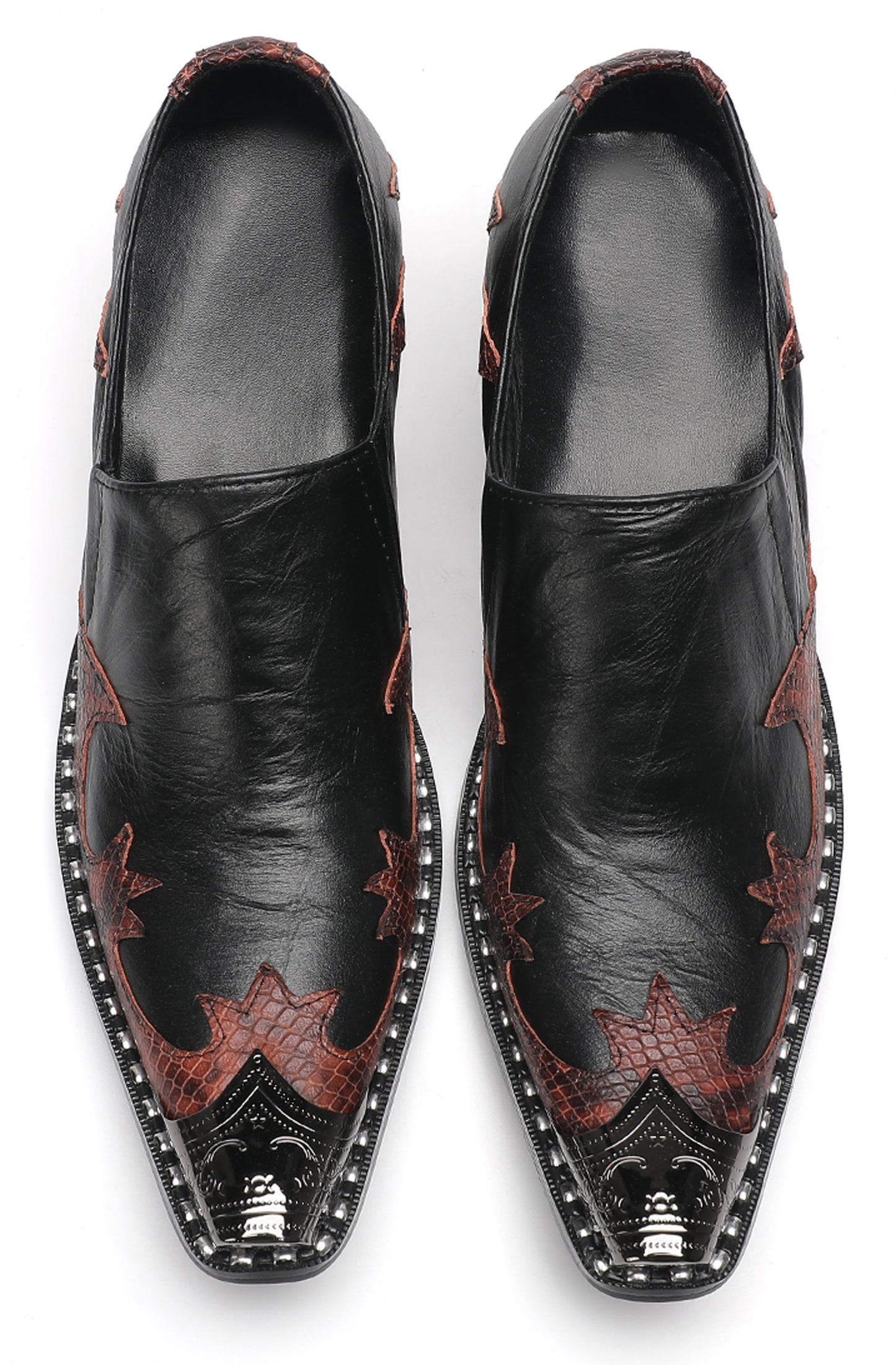Mens Genuine Leather Metal Pointed Toe Two Tone Western Loafers