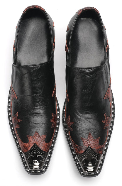 Mens Genuine Leather Metal Pointed Toe Two Tone Western Loafers