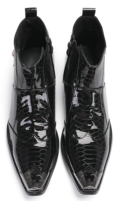 Mens Genuine Leather Snakeskin Pattern Metal Toe Zipper Ankle Western Boots