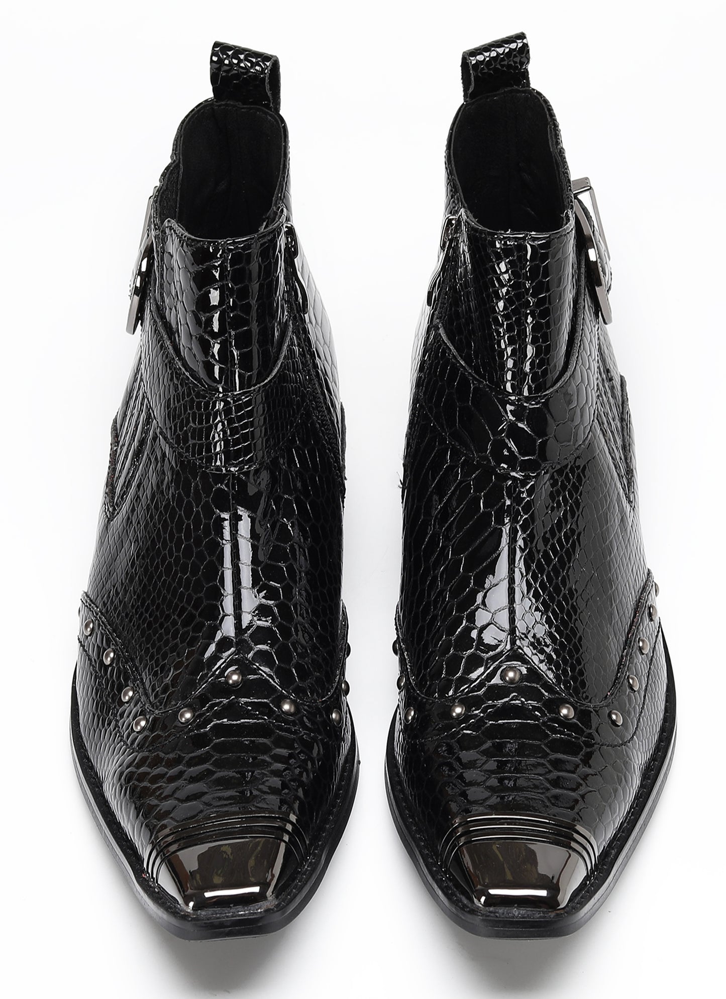Mens Snakeskin Zipper Side Studded Buckle Western Boots
