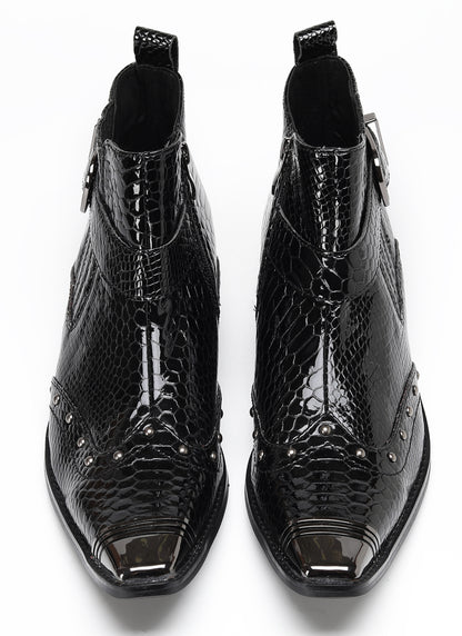Mens Snakeskin Zipper Side Studded Buckle Western Boots