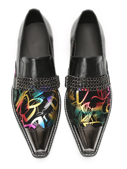 Mens Metal Pointed Cap Chain Decor Slip-On Dress Western Loafers