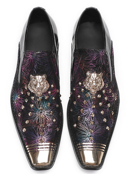 Mens Genuine Leather Slip On Glitter Sequins Western Loafers