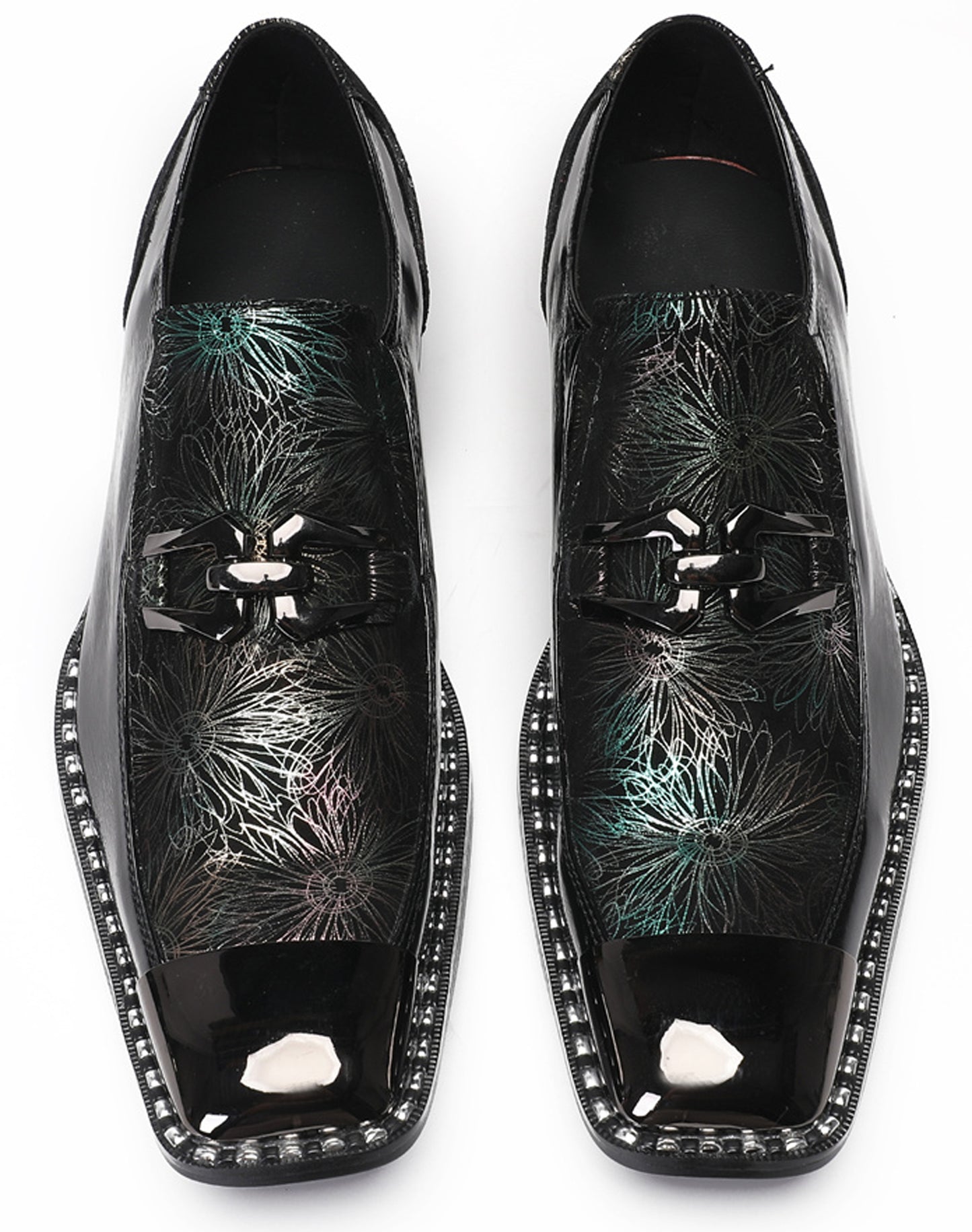Mens Genuine Leather Sequin Metal Square Toe Western Loafers
