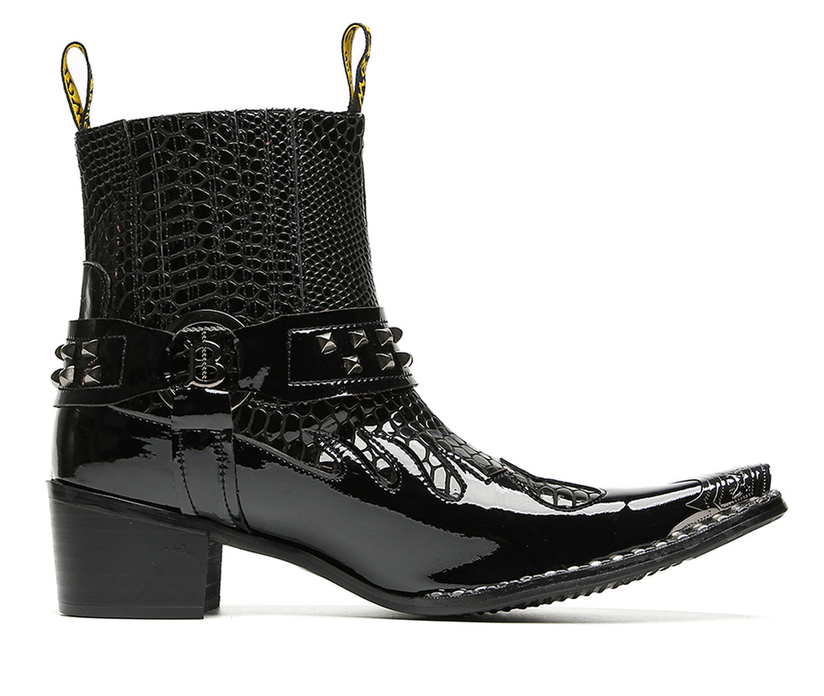 Mens Studded Snake Pattern Leather Cowboy Western Chelsea Boots