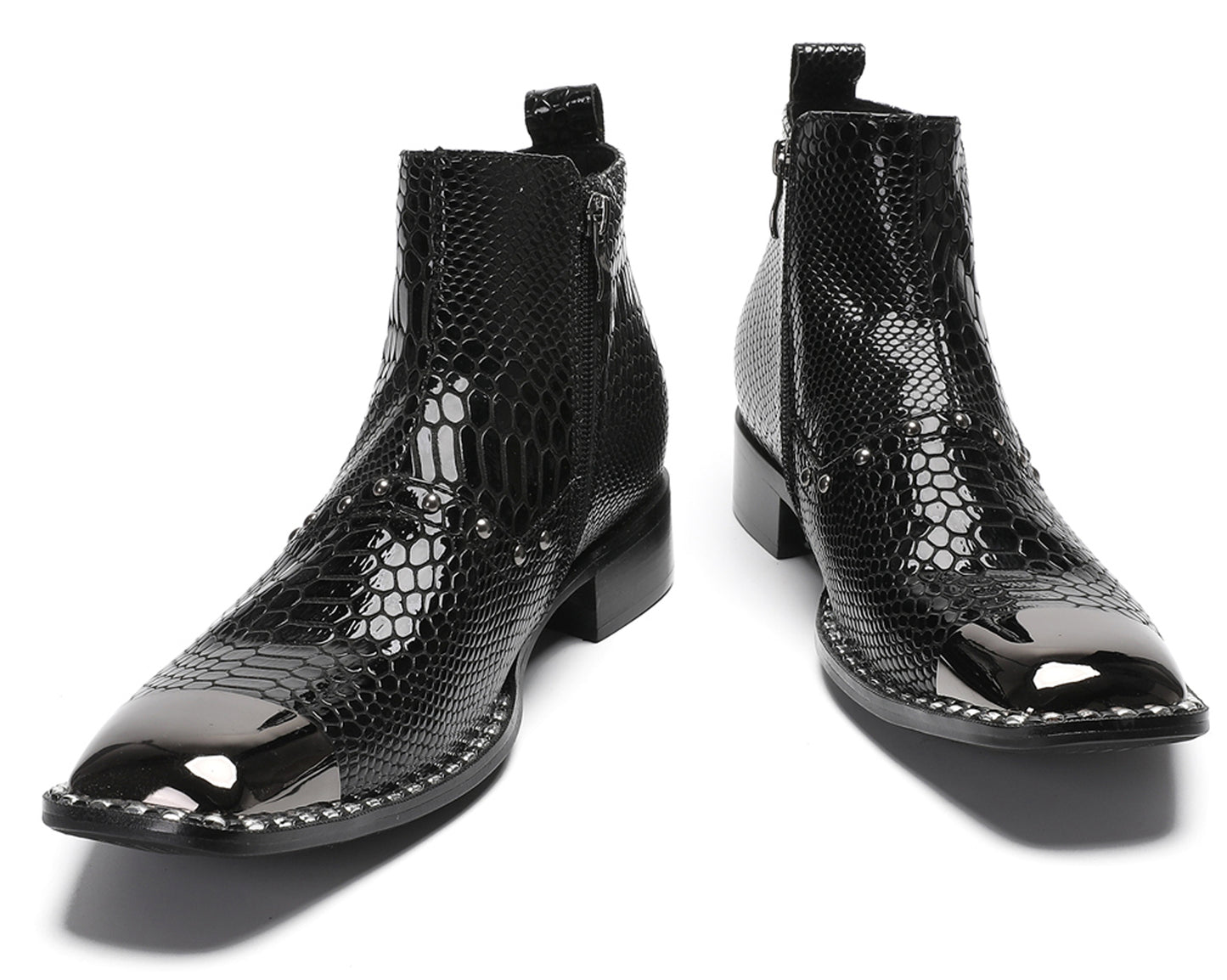 Mens Genuine Leather Snakeskin Texture Metal Square Toe Beads Western Boots