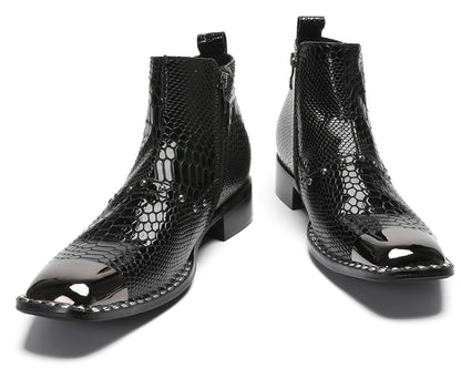 Mens Genuine Leather Snakeskin Texture Metal Square Toe Beads Western Boots