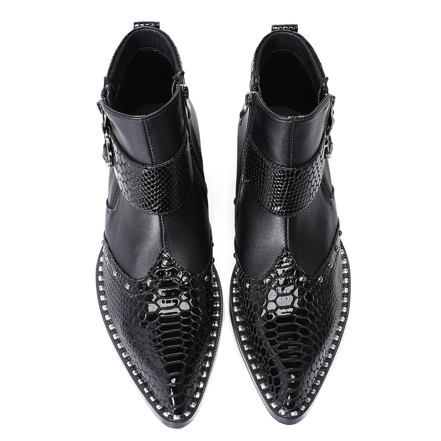 Mens Top-Grain Leather Pointed Toe Buckle Western Cowboy Ankle Boots