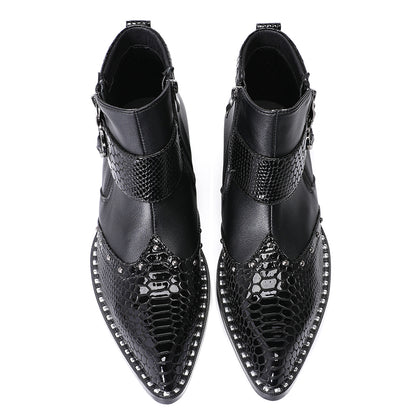 Mens Top-Grain Leather Pointed Toe Buckle Western Cowboy Ankle Boots