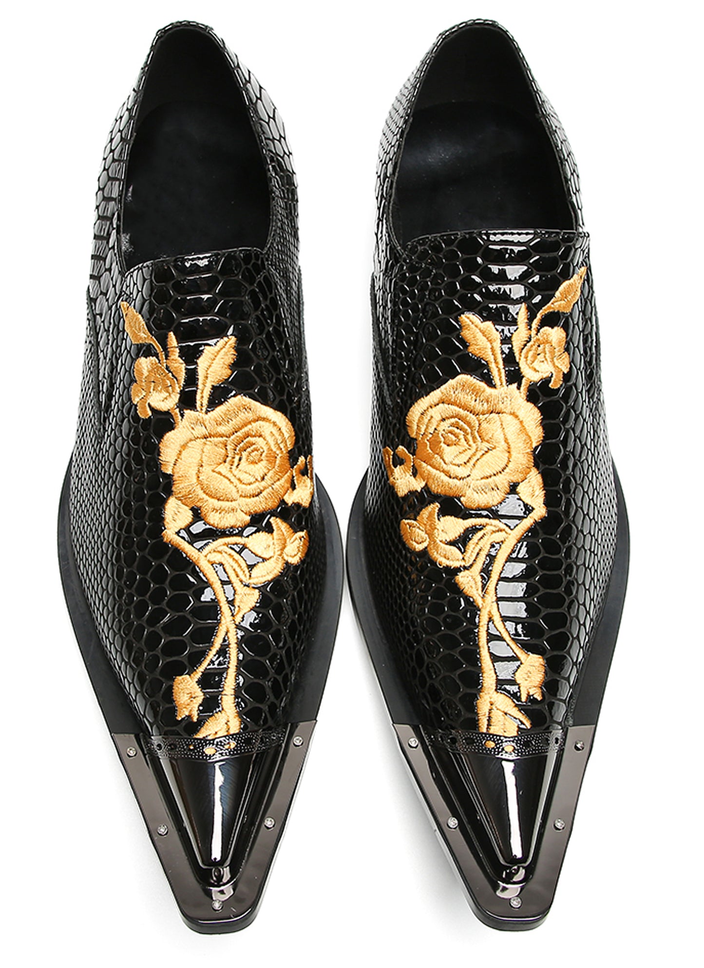 Mens Embroidered Rose Snake Pattern Patent Leather Western Loafers