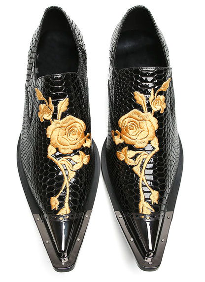 Mens Embroidered Rose Snake Pattern Patent Leather Western Loafers