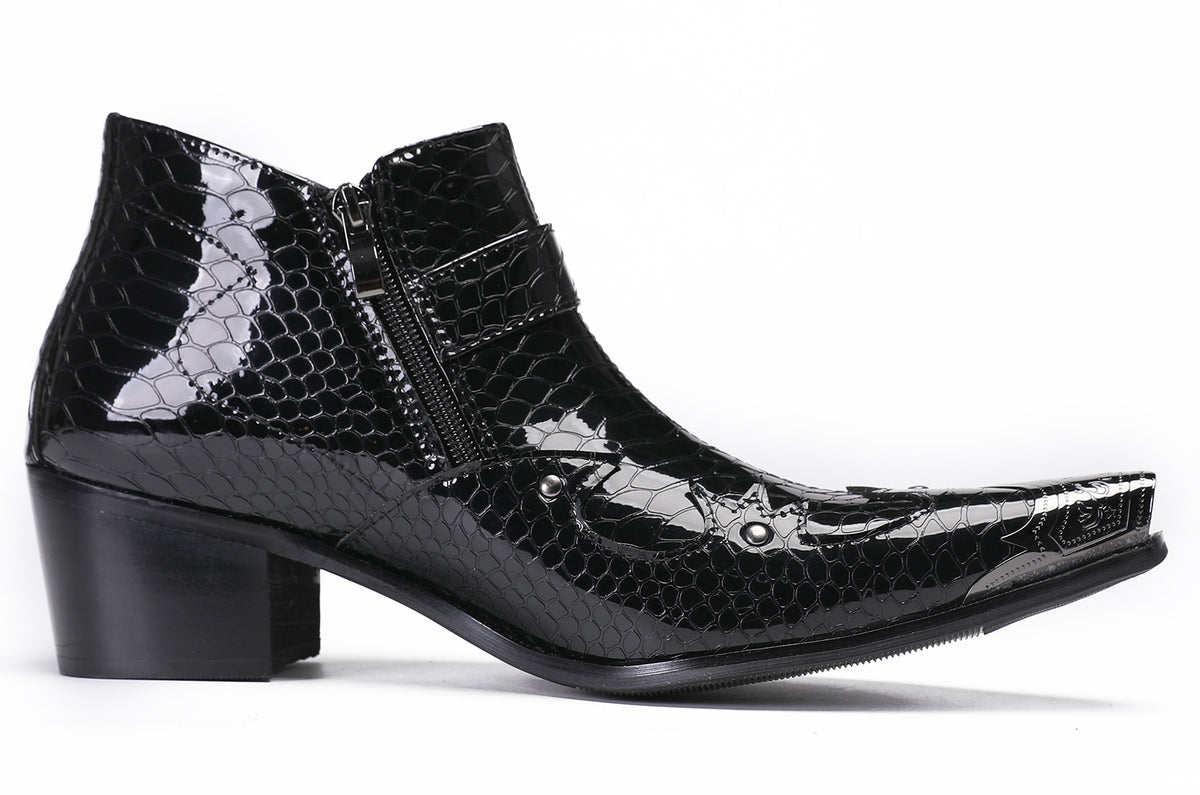 Mens Snakeskin Texture Metal Toe Double Zipper Ankle Western Boots