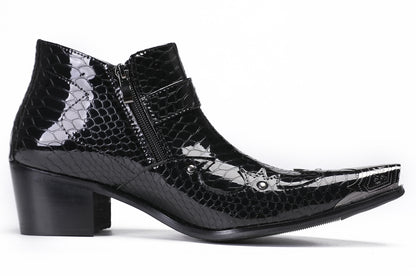 Mens Snakeskin Texture Metal Toe Double Zipper Ankle Western Boots