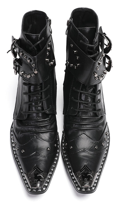 Mens Genuine Leather Metal Toe Buckles Zipper Cowboy Western Boots