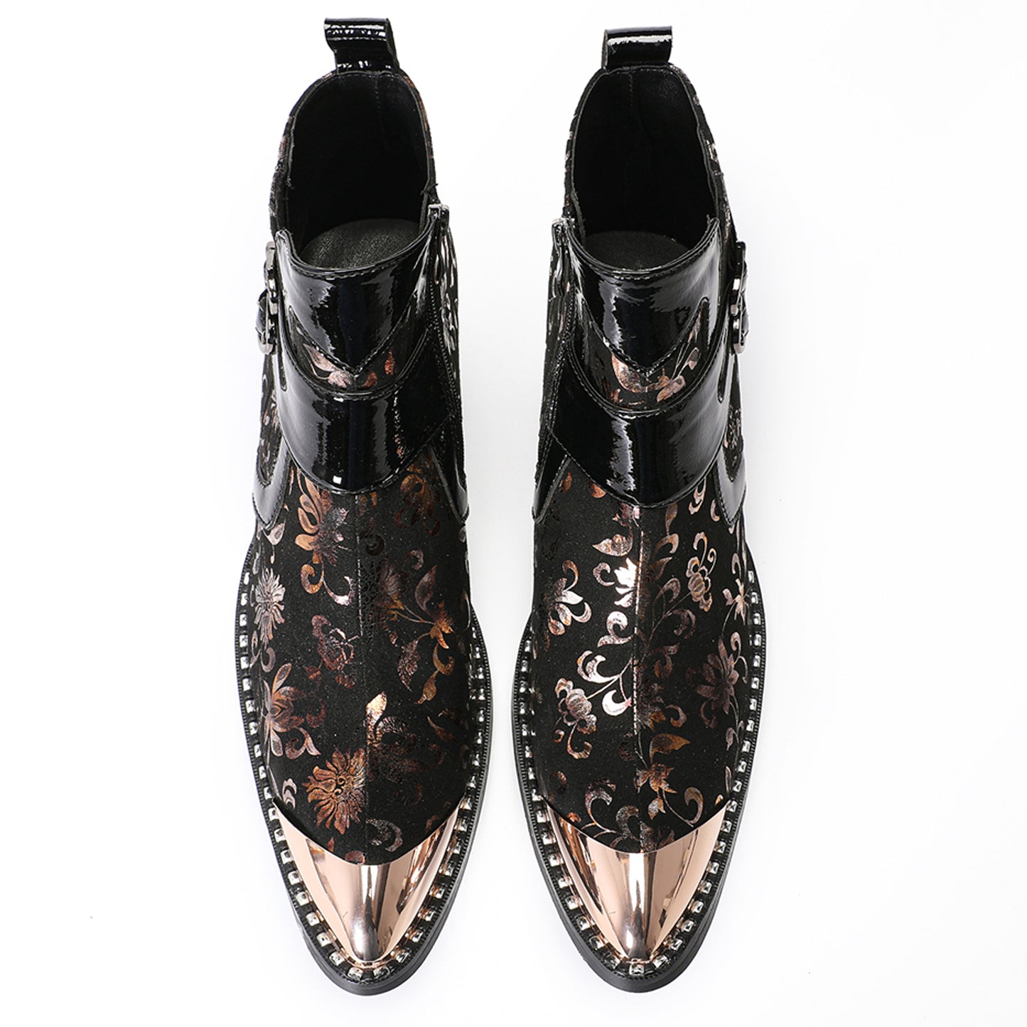 Mens Floral Leather Metal Pointed Toe Buckle Ankle Western Boots