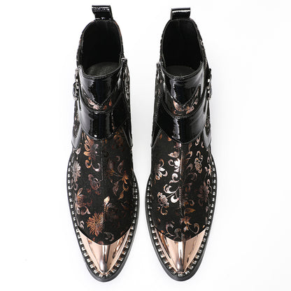 Mens Floral Leather Metal Pointed Toe Buckle Ankle Western Boots