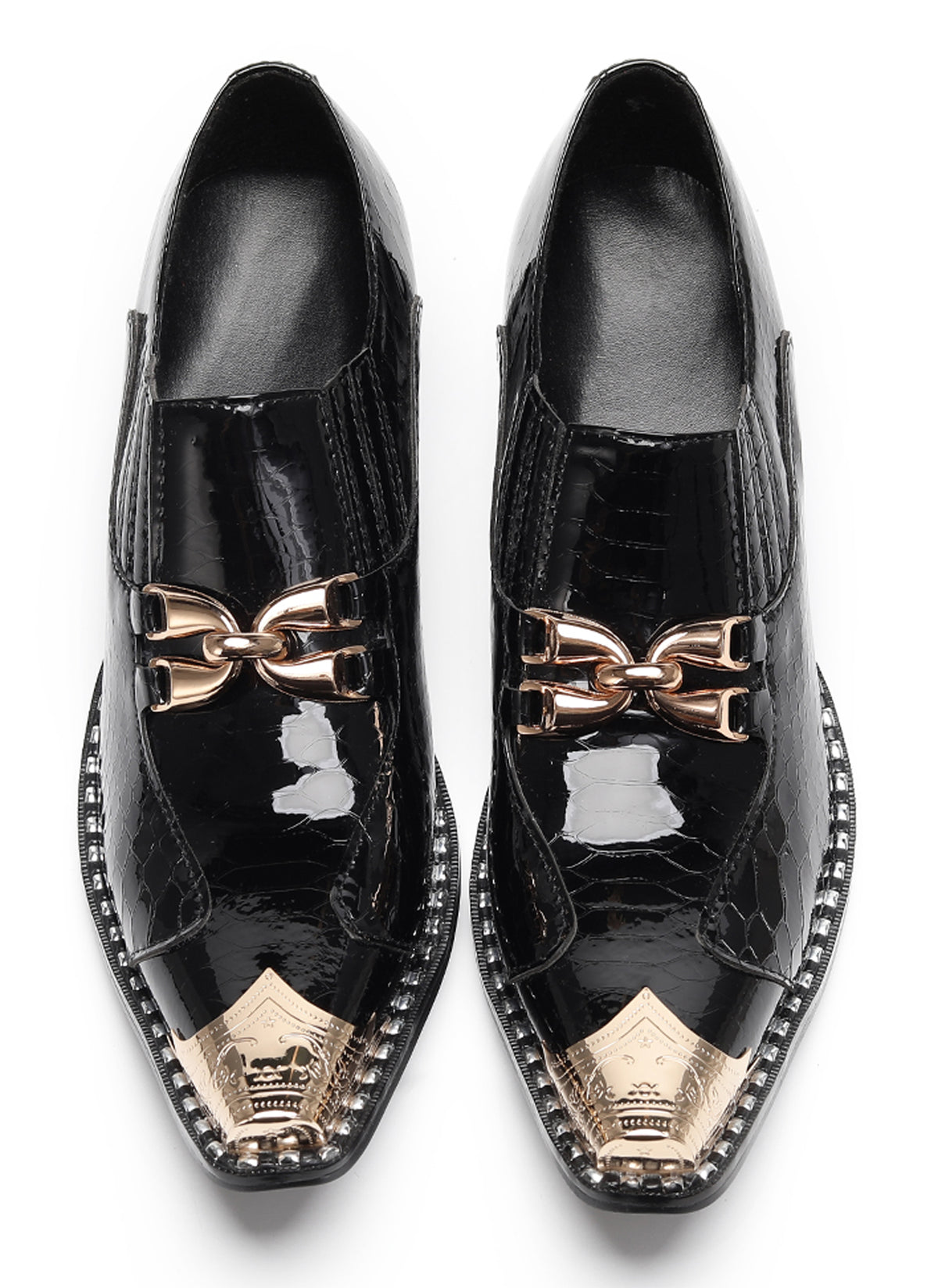 Mens Metal Tip Toe Chain Buckle Exotic Crocodile Pattern Western Loafers