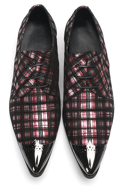 Mens Plaid Patent-Leather Dress Casual Metal Toe Western Oxfords