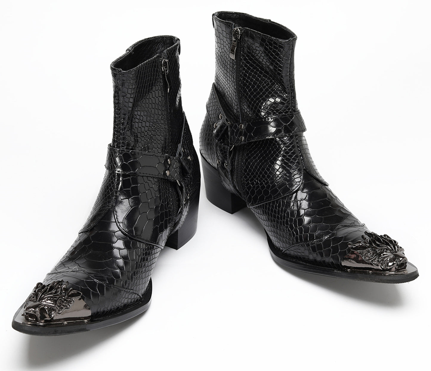 Mens Black Crocodile Print Metal Lion Head Cowboy Western Boots