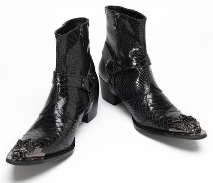 Mens Black Crocodile Print Metal Lion Head Cowboy Western Boots