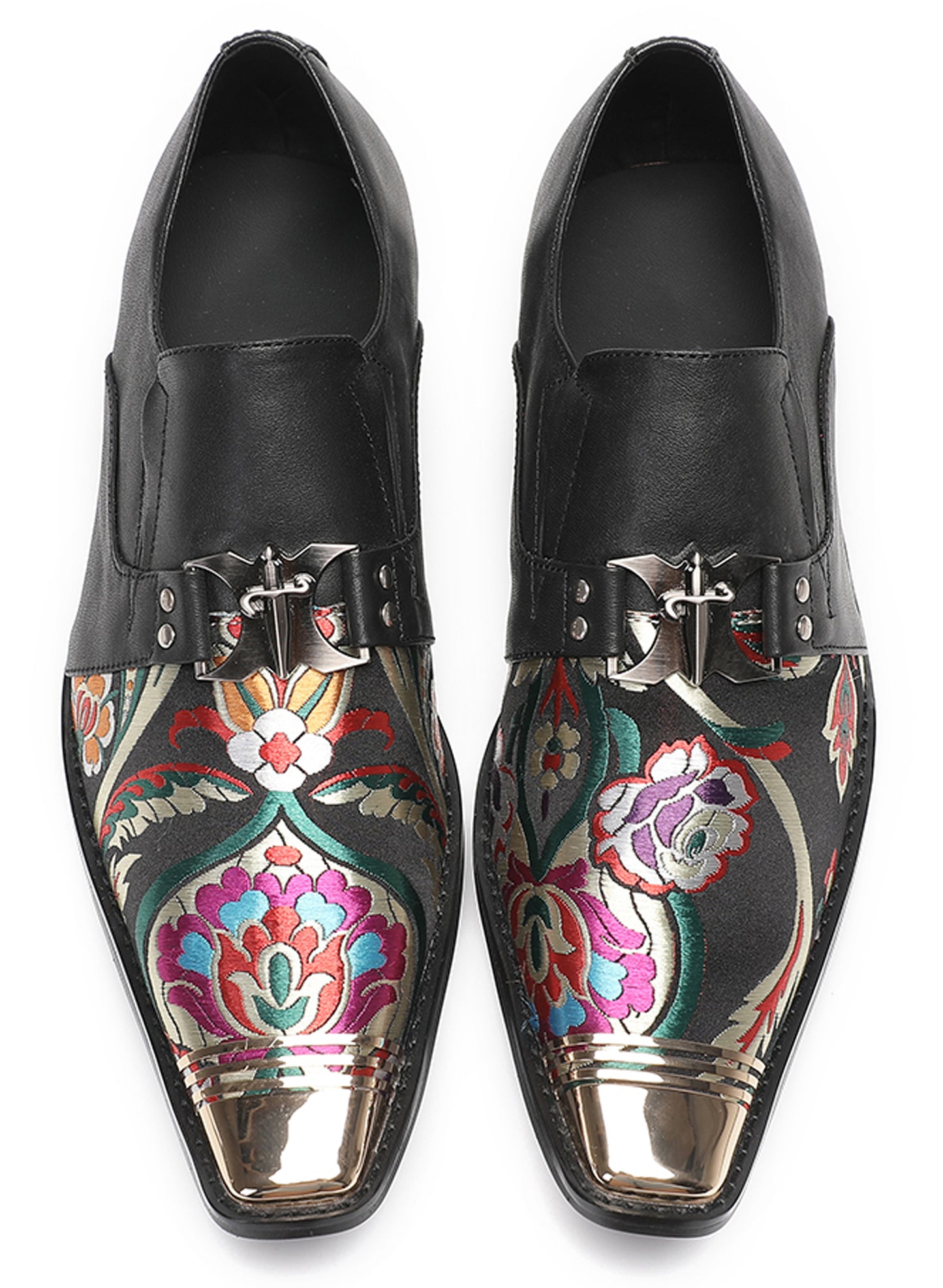 Mens Genuine Leather Slip On Buckle Floral Embroidery Western Loafers