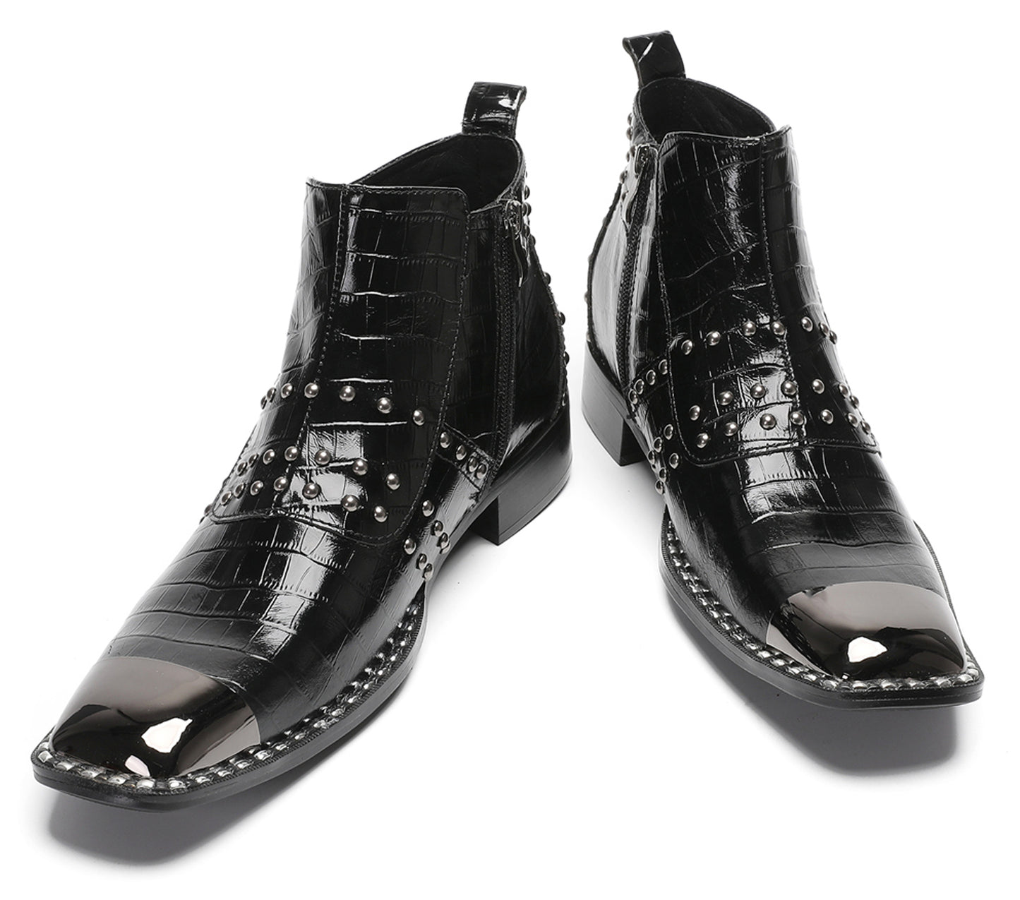 Mens Genuine Leather Metal Square Toe Side Zipper Beads Plaid Ankle Western Boots