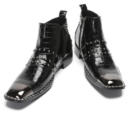 Mens Genuine Leather Metal Square Toe Side Zipper Beads Plaid Ankle Western Boots