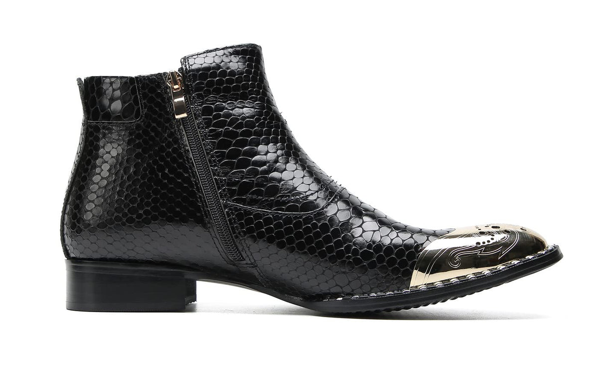 Mens Genuine Leather Metal-Square Toe Snakeskin Texture Ankle Western Boots
