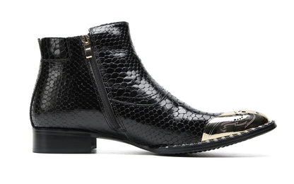 Mens Genuine Leather Metal-Square Toe Snakeskin Texture Ankle Western Boots