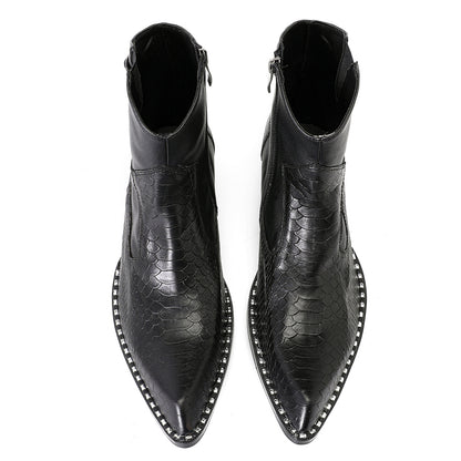 Mens Top-Grain Leather Snake-Embossed Western Ankle Boots