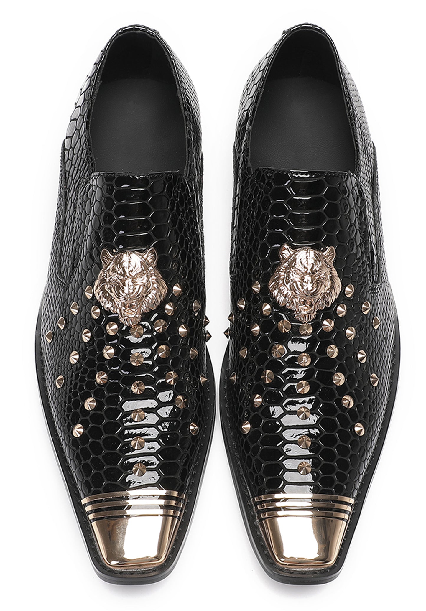 Mens Genuine Leather Snake Skin Texture Gold Glitter Beaded Western Loafers