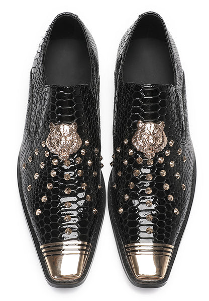 Mens Genuine Leather Snake Skin Texture Gold Glitter Beaded Western Loafers