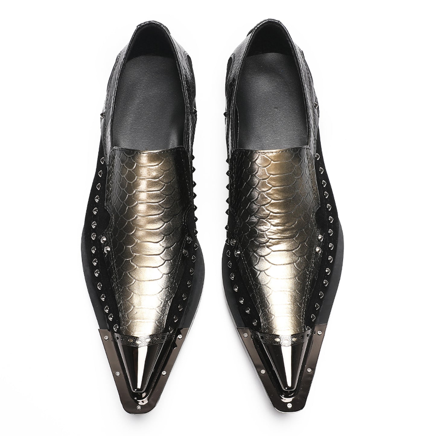 Mens Snake Embossed Leather Metal Toe Studded Loafers