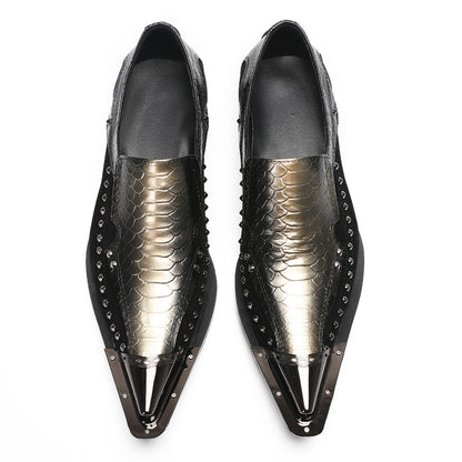 Mens Snake Embossed Leather Metal Toe Studded Loafers