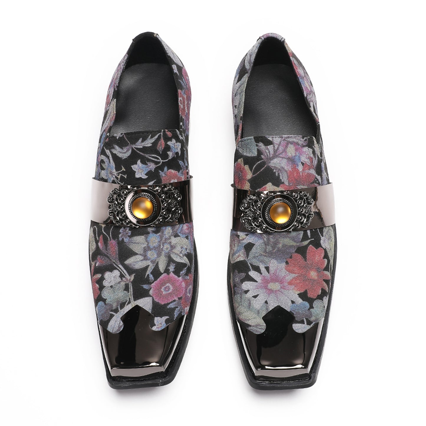 Men¡¯s Handmade Floral Top-Grain Leather Metal Square Toe Loafers