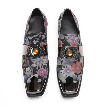 Men¡¯s Handmade Floral Top-Grain Leather Metal Square Toe Loafers