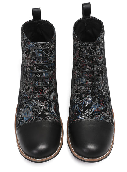 Mens Genuine Leather Embroidery Square Toe Oxfords Boots