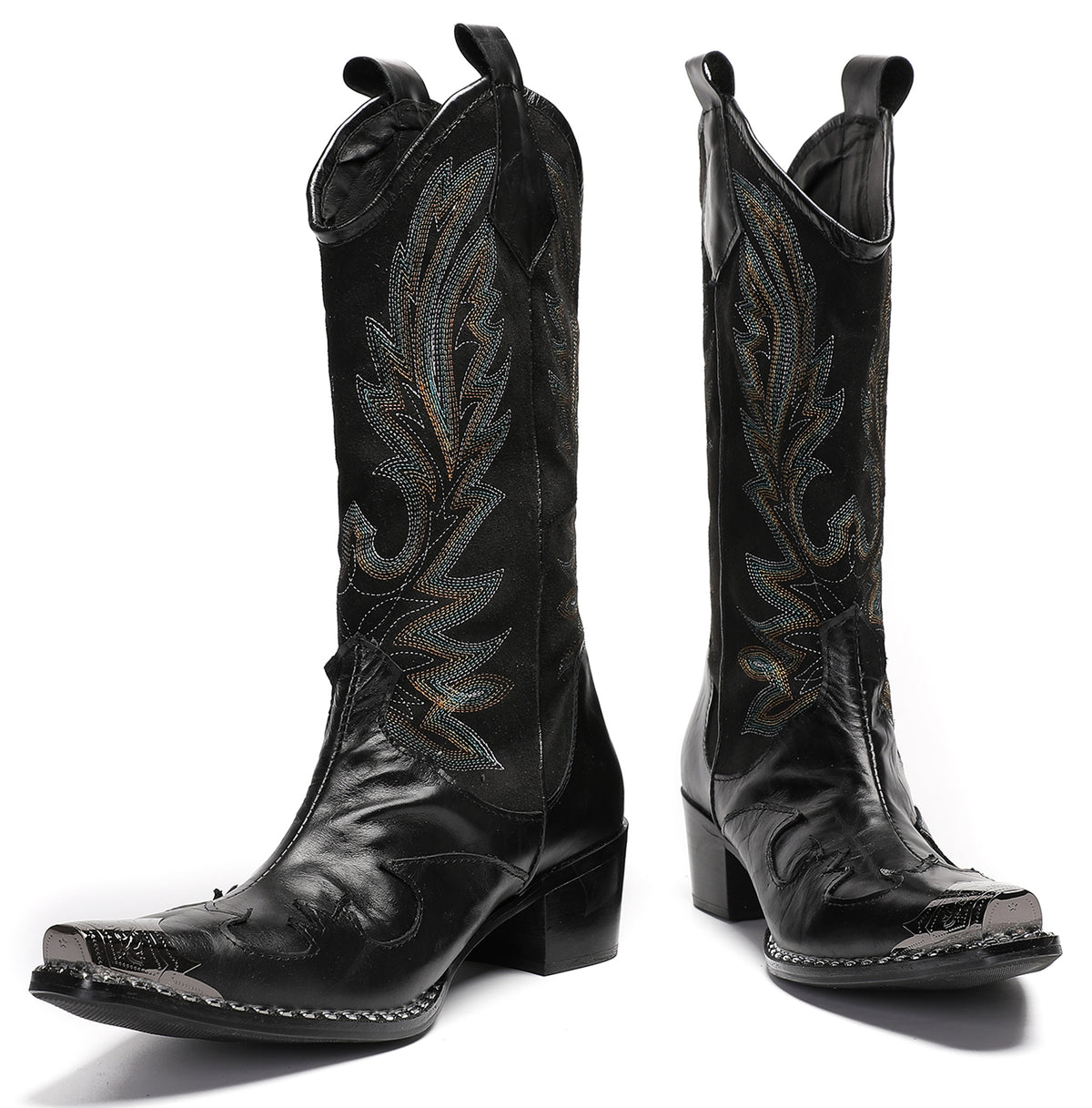 Mens Genuine Leather Metal Wingtip Toe Embroidered Pull On Western Cowboy Boots