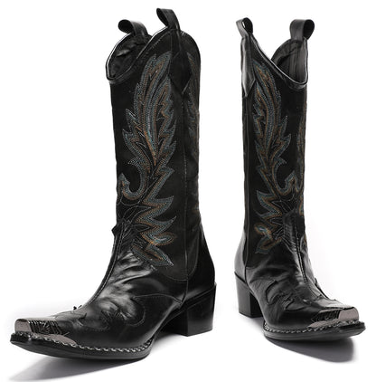 Mens Genuine Leather Metal Wingtip Toe Embroidered Pull On Western Cowboy Boots