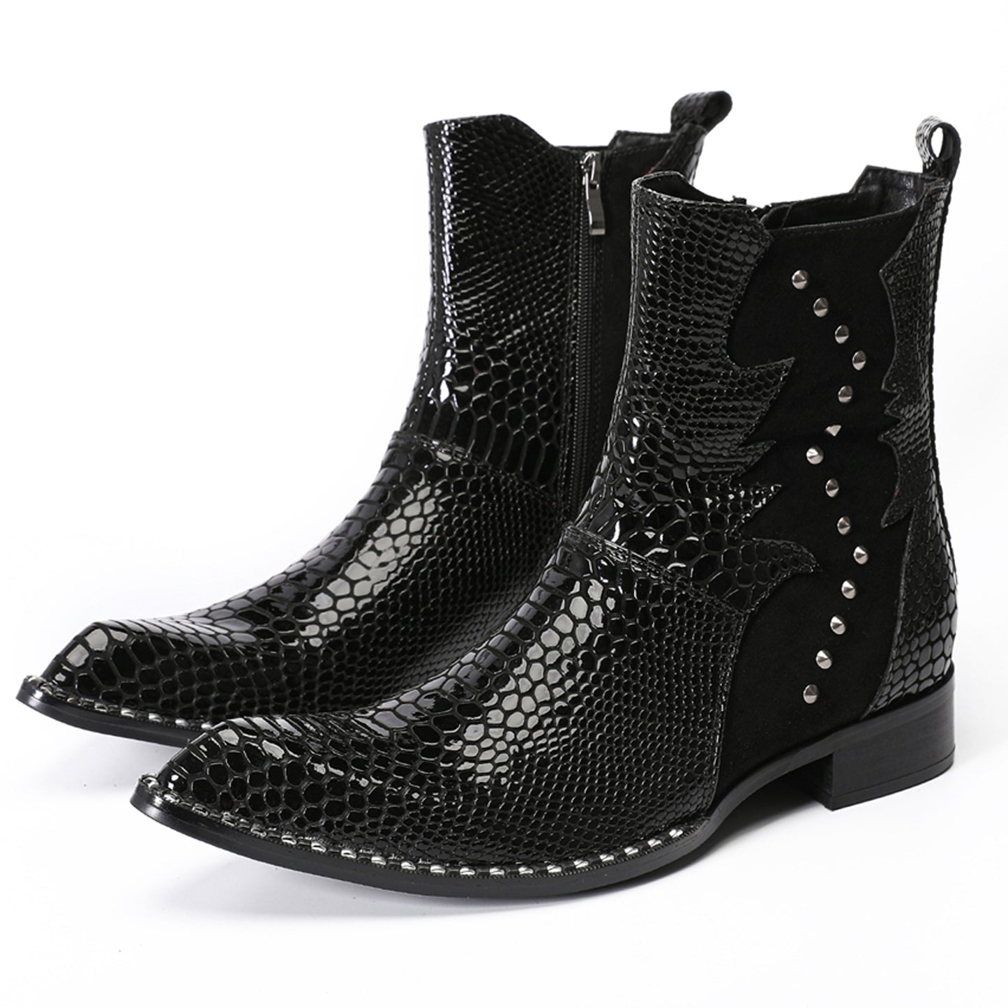 Mens Top-Grain Leather Snake-Embossed Studded Western Cowboy Ankle Boots