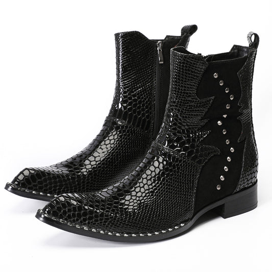 Mens Top-Grain Leather Snake-Embossed Studded Western Cowboy Ankle Boots