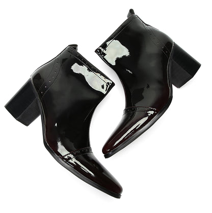 Mens Patent Leather Zipper On Side Mid Calf Heel Ankle Boots