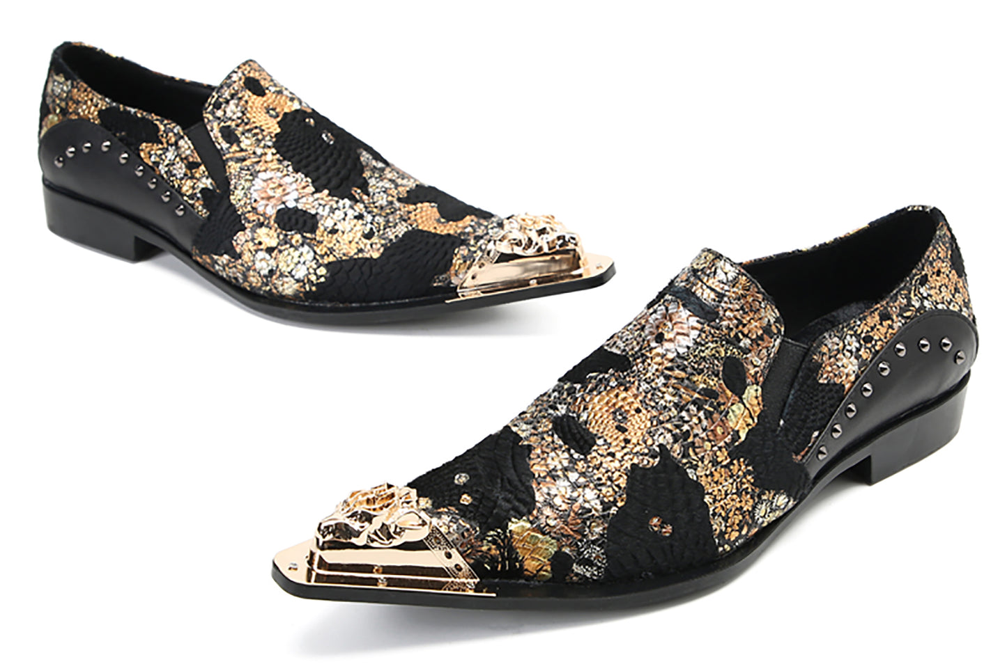 Mens Silp On Leather Metal Tip Toe Gold Glitter Western Loafers