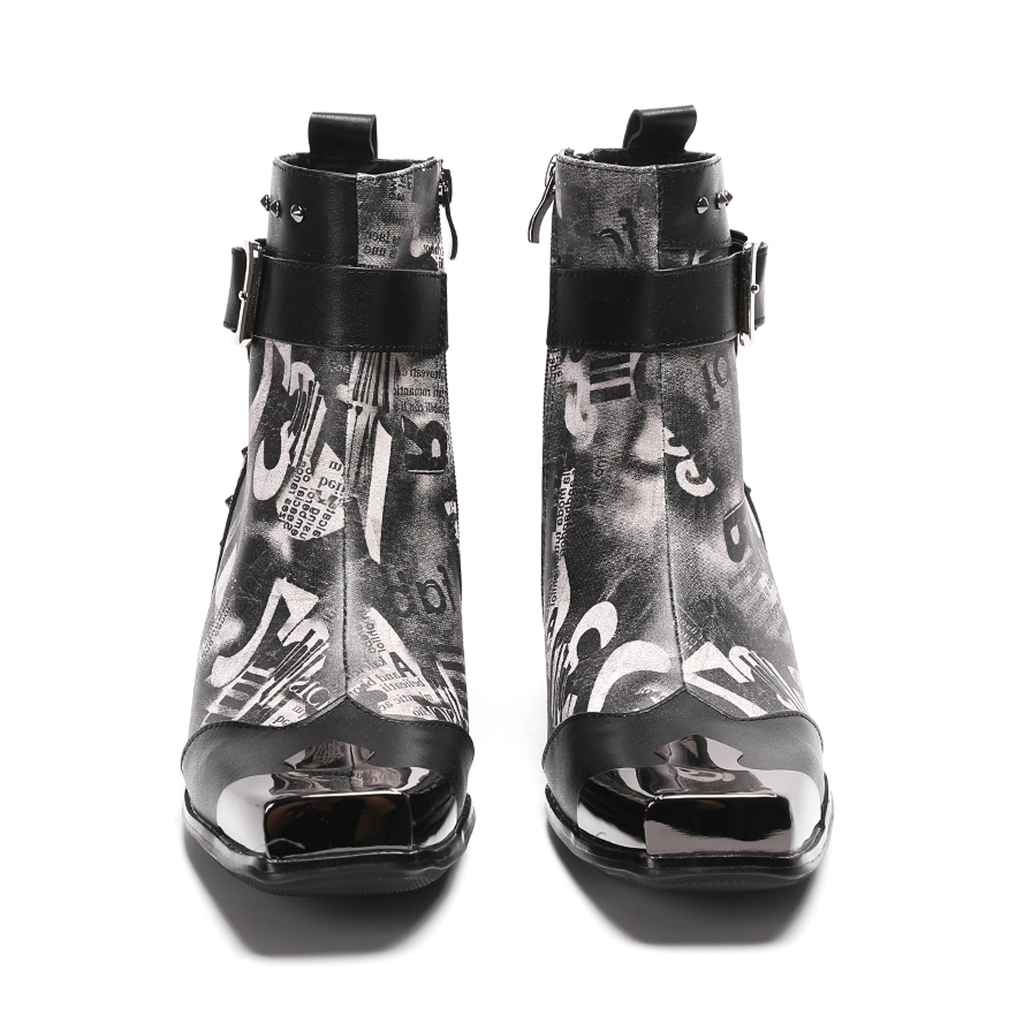 Mens Metal Square Toe Buckle Printed Leather Ankle Western Boots