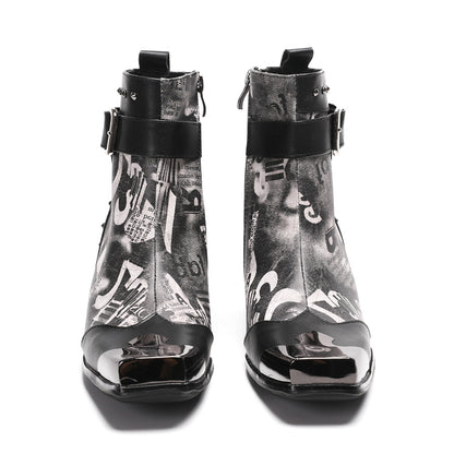 Mens Metal Square Toe Buckle Printed Leather Ankle Western Boots